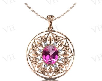 Antique Pink Tourmaline Pendant Art Deco Floral Style Wedding Pendant 925 Sterling Silver Pink Tourmaline Pendant Anniversary Gift For Women