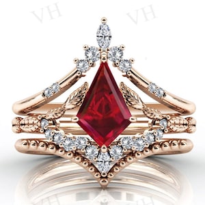 Art Deco Kite Shaped Ruby Engagement Ring Set 925 Silver Leaf Style Ruby Bridal Ring Set Antique Wedding Ring Set Anniversary Gift For Women