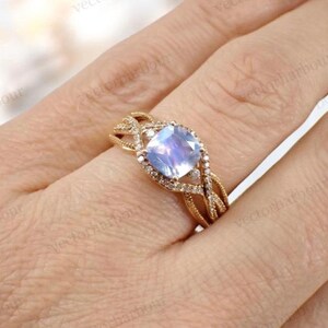 Cushion Cut Moonstone Engagement Ring For Women 14k Gold Moonstone Wedding Ring Vintage Bridal Promise Ring For Her Art Deco Engagement Ring