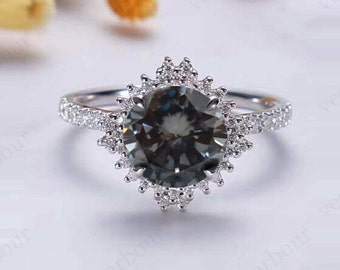 Unique Grey Spinel Wedding Ring For Women 925 Silver Grey Spinel Halo Engagement Ring Grey Gemstone Ring Art Deco Bridal Anniversary Ring