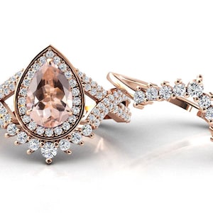 Vintage Pink Peach Morganite Engagement Ring Set Art Deco 2pcs Morganite Wedding Ring Set Antique Morganite Bridal Promise Ring Set For Her