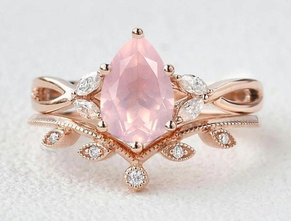 Rose quartz sale wedding ring set