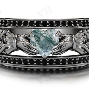 Claddagh Moss Agate Engagement Ring Heart Shaped Moss Agate Wedding Ring 925 Silver Unique Claddagh Style Ring Art Deco Bridal Promise Ring