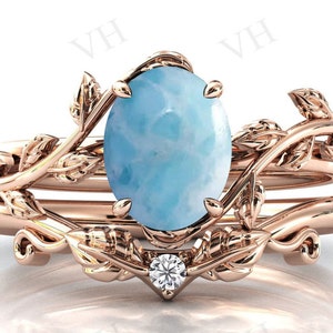Art Deco Larimar Engagement Ring Set Vine Leaf Style Larimar Wedding Set Antique Bridal Anniversary Ring Set Unique Larimar Promise Ring Set