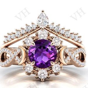 Moon Of My Life Amethyst Engagement Ring Set 14k Gold Amethyst Wedding Ring Set Antique Bridal Promise Ring Set Art Deco Wedding Ring Set