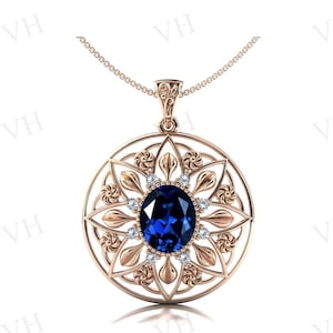 Antiker Blauer Saphir Anhänger für Frauen Art Deco Blumenhochzeits-Anhänger Roségold Einzigartiger blauer Edelstein-Anhänger-Jubiläumsgeschenk für Frauen