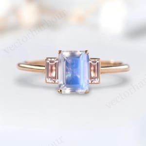 Emerald Cut Moonstone Engagement Ring Art Deco Multi Gemstone Ring 14k Gold Moonstone Wedding Ring For Women Vintage Bridal Anniversary Ring
