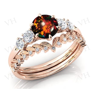 Art Deco Black Opal Engagement Ring Set For Women Antique 2 Pcs Wedding Ring Set 14k Gold Black Opal Bridal Ring Set Unique Promise Ring Set