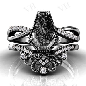 Unique Coffin Shaped Black Rutilated Quartz Engagement Ring Set 2 Pc Art Deco Black Rutile Wedding Ring Set Antique Filigree Bridal Ring Set