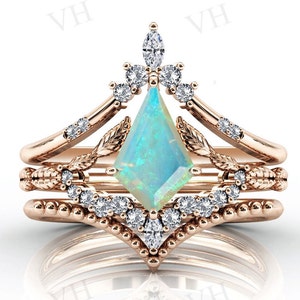 Art Deco Kite Shaped Opal Engagement Ring Set 14k Rose Gold Opal Wedding Ring Set Antique Bridal Promise Ring Set Anniversary Gift For Women
