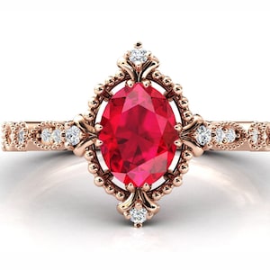 Unique Ruby Engagement Ring Art Deco Ruby Wedding Ring Vintage Ruby Bridal Ring Women Anniversary Ring 14k Gold Ruby Promise Ring For Women
