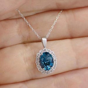 Vintage London Blue Topaz Pendant For Women 925 Silver Blue Topaz Halo Wedding Pendant Art Deco Oval Shaped Pendant Anniversary Gift For Her