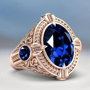 One Of A Kind - Vintage Blue Sapphire Signet Ring For Men Antique Wedding Ring 14k Gold Blue Gemstone Men Ring Unique Inspired Ring For Him