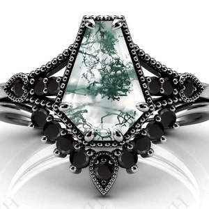 Antique Coffin Shaped Moss Agate Engagement Ring Set Art Deco Moss Agate Wedding Ring Set 14k Gold Moss Agate 2pcs Bridal Ring Set For Women