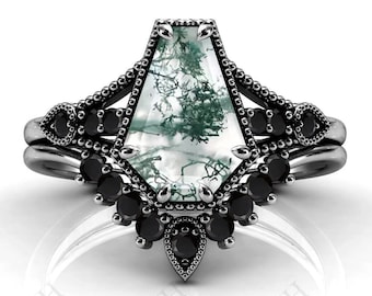 Antique Coffin Shaped Moss Agate Engagement Ring Set Art Deco Moss Agate Wedding Ring Set 14k Gold Moss Agate 2pcs Bridal Ring Set For Women