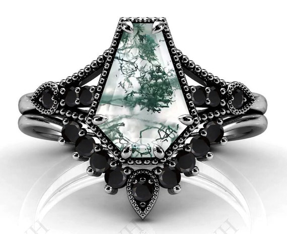 Antique Coffin Shaped Moss Agate Engagement Ring Set Art Deco Moss Agate  Wedding Ring Set 14k Gold Moss Agate 2pcs Bridal Ring Set For Women