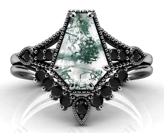 Moss Agate Engagement Ring Set - Coffin Shaped Sterling Silver Vintage Style