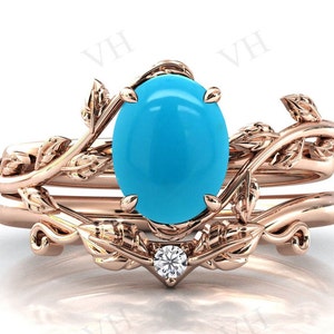 Art Deco Turquoise Engagement Ring Set 14k Gold Turquoise Wedding Ring Set Leaf Style Antique Bridal Ring Set Anniversary Gift For Women