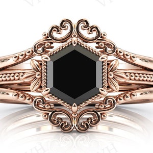 Vintage Black Onyx Engagement Ring Set Hexagon Shaped Black Gemstone Ring Set Art Deco Black Onyx Wedding Ring Set Anniversary Ring Set