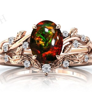 Art Deco Black Opal Wedding Ring Set For Women Antique Leaf Engagement Ring Set 14k Gold Black Opal Bridal Anniversary Ring Set Gift For Her
