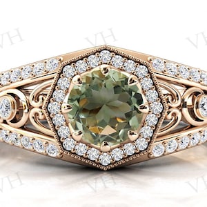 Vintage Green Amethyst Engagement Ring For Women 14k Gold Art Deco Wedding Ring Vintage Filigree Bridal Anniversary Promise Ring For Women