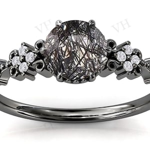 Vintage Black Rutile Engagement Ring For Women Black Metal Engagement Ring Art Deco Black Rutile Wedding Ring Antique Bridal Promise Gift