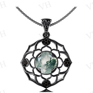 Green Moss Agate Wedding Necklace For Women Antique Lotus Style Pendant 925 Silver Moss Agate Pendant Statement Pendant Anniversary Gift