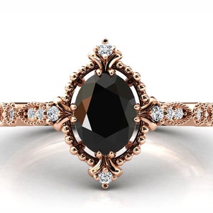 Unique Black Onyx Engagement Ring Art Deco Black Onyx Wedding Ring 14k Rose Gold Bridal Anniversary Ring Vintage Onyx Promise Ring For Women