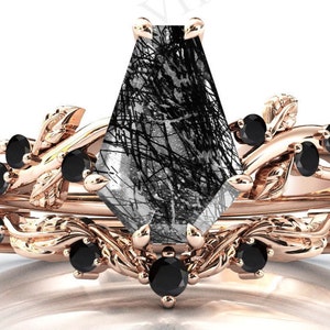 Antique Coffin Shaped Black Rutile Engagement Ring Set Art Deco Leaf Style Ring Set Black Rutilated Quartz Ring Set Vintage Coffin Ring Set
