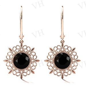 Antique Black Onyx Earrings For Women Rose Gold Art Deco Filigree Design Earrings Unique Black Gemstone Earrings Anniversary Gift For Women