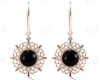 Antique Black Onyx Earrings For Women Rose Gold Art Deco Filigree Design Earrings Unique Black Gemstone Earrings Anniversary Gift For Women