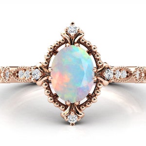 Natural Opal Wedding Ring Vintage Opal Engagement Ring Unique Art Deco Bridal Anniversary Ring 14k Rose Gold Opal Promise Ring For Women