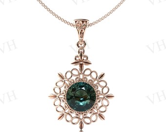 Color que cambia el colgante de zafiro verde azulado Colgante de boda de estilo de filigrana vintage para mujeres Colgante de zafiro azul verde Regalo único de aniversario