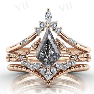 Kite Shaped Black Rutile Engagement Ring Set For Women Art Deco Leaf Style 3 Pcs Wedding Ring Set 925 Silver Black Rutilated Quartz Ring Set