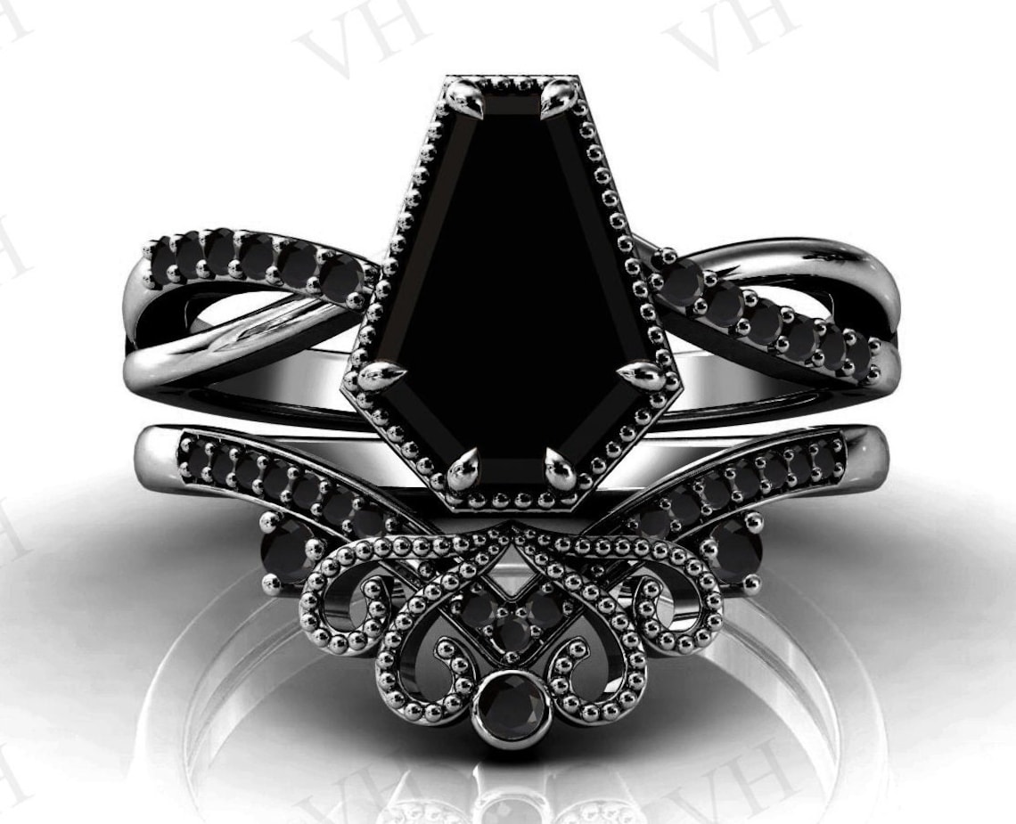 Coffin Shaped Black Onyx Engagement Ring Set 925 Silver Black Etsy