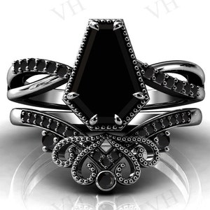 Coffin Shaped Black Onyx Engagement Ring Set 925 Silver Black Onyx Wedding Ring Set Art Deco Black Onyx Bridal Promise Ring Set For Women