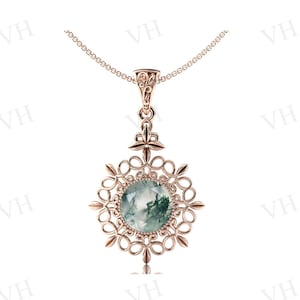 Art Deco Moss Agate Pendant For Women Antique Wedding Pendant Rose Gold Vintage Filigree Design Bridal Pendant Anniversary Gift For Women