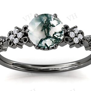 Vintage Moss Agate Engagement Ring Black Metal Engagement Ring Art Deco Moss Agate Wedding Ring Vintage Bridal Anniversary Ring For Women