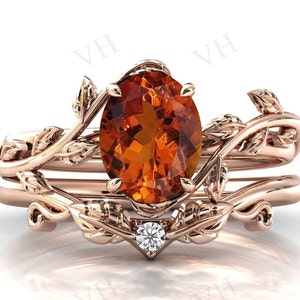 Natural Maderia Citrine Engagement Ring Set For Women 2 Piece Art Deco Maderia Wedding Ring Set Vine Leaf Style Antique Anniversary Ring Set