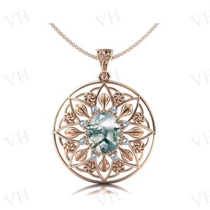 Vintage Moss Agate Pendant For Women Rose Gold Art Deco Floral Design Wedding Pendant Green Gemstone Pendant Handmade Pendant For Women