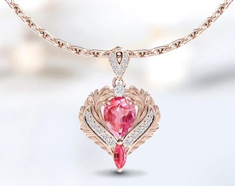 Padparadscha Sapphire Pendant For Women Vintage Wing Style Pendant Antique Filigree Wedding Necklace Art Deco Leaf Design Pendant For Her