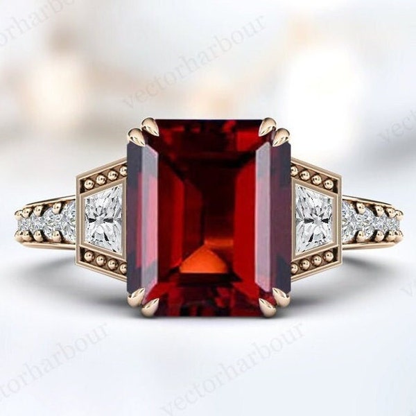 Emerald Cut Garnet Wedding Ring For Women 14k Gold Garnet Bridal Ring Art Deco Engagement Ring Unique Garnet Gemstone Ring Gift For Women