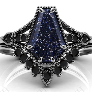 Galaxy Sandstone Engagement Ring Set For Women 925 Silver Blue Sandstone Wedding Ring Set Coffin Shaped Sandstone Bridal Wedding Ring Set