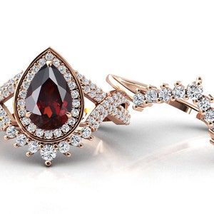 Juego de anillos de boda Art Deco con granate rojo Juego de anillos de compromiso con granate en oro de 14 k Juego de anillos de aniversario de novia vintage Juego de anillos de promesa con granate único