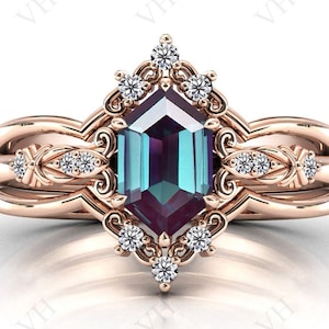 Antique Hexagon Alexandrite Engagement Ring Set 14k Rose Gold Art Deco Wedding Ring Set 3 Piece Unique Bridal Anniversary Ring Set For Women