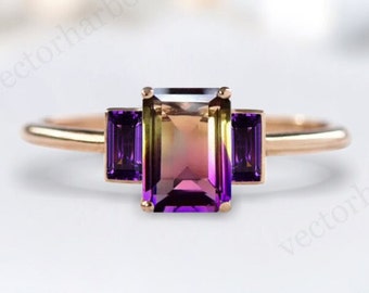 Vintage Ametrine Engagement Ring Unique Multi Gemstone Ring Emerald Cut Ametrine Wedding Ring Antique Bridal Anniversary Ring Gift For Women