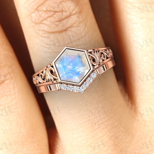 Hexagon Shaped Moonstone Engagement shops Ring Set Vintage Moonstone Wedding Ring Set Antique Filigree Engagement Ring Set Art Deco Bridal Set