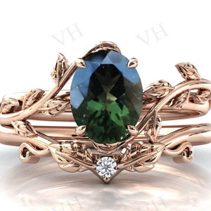Vintage Moldavite Engagement Ring Set Vine Leaf Design Art Deco Bridal Ring Set Oval Cut Antique Wedding Ring Set Moldavite 2 Piece Ring Set