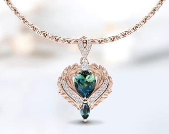 Colgante estilo hoja de zafiro verde azulado para mujer, colgante de boda Art Déco con filigrana, plata 925, colgante de zafiro verde azulado, colgante único y llamativo.