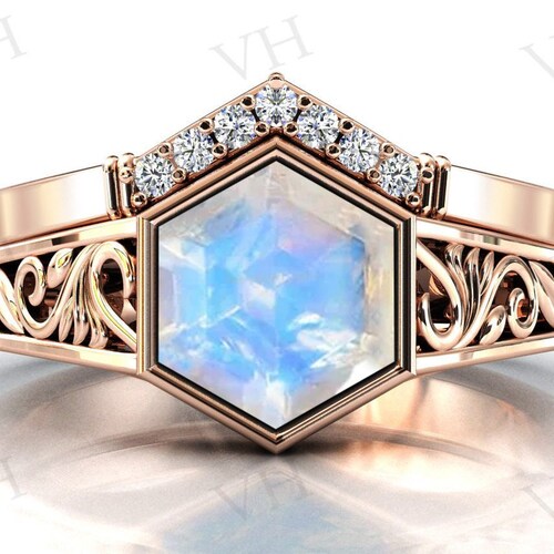 Hexagon Shaped Moonstone Engagement shops Ring Set Vintage Moonstone Wedding Ring Set Antique Filigree Engagement Ring Set Art Deco Bridal Set